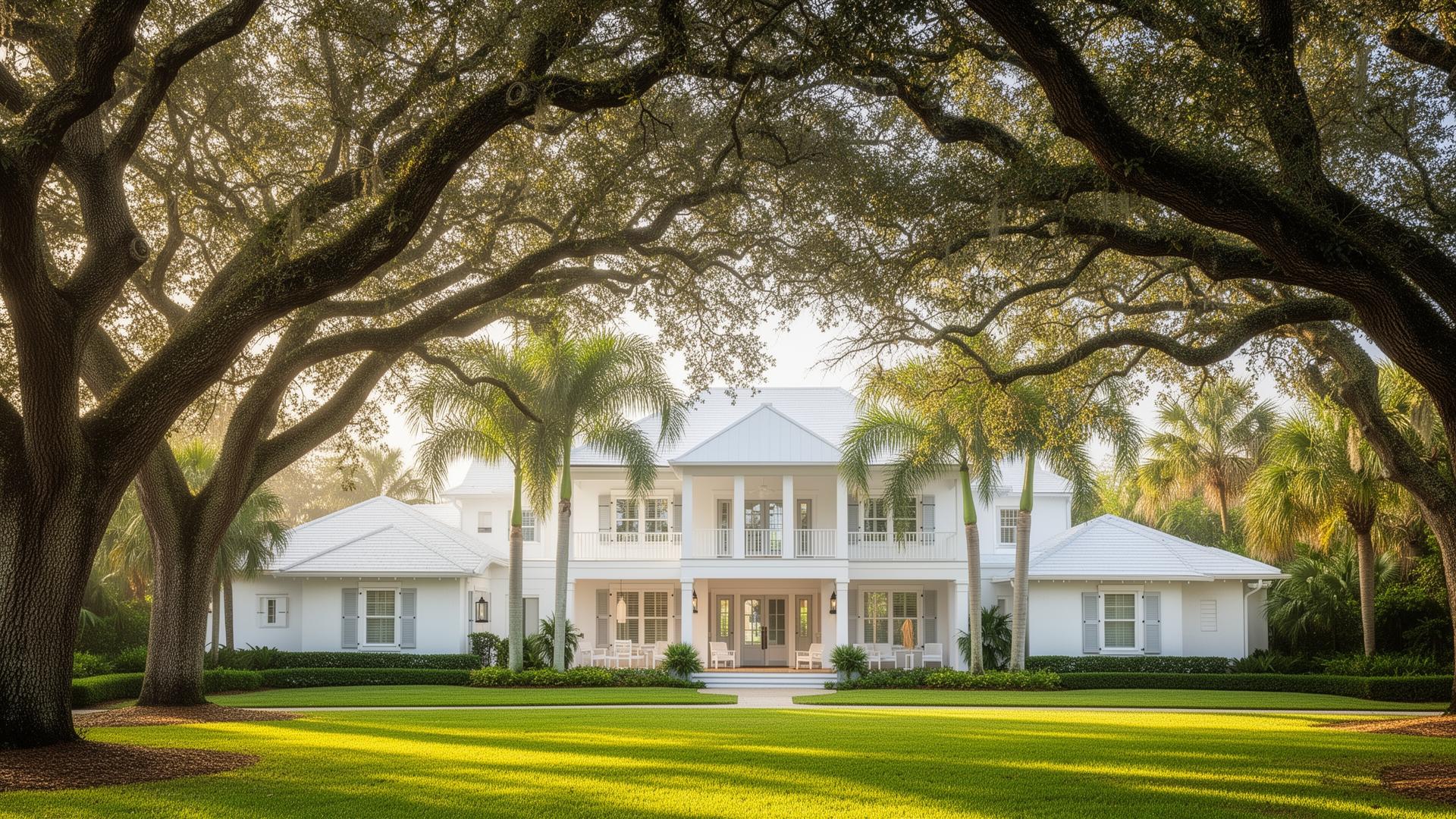 Mature oak canopy over a Florida coastal home